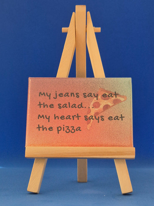 Wooden sign with pizza slice design and text on a blue background